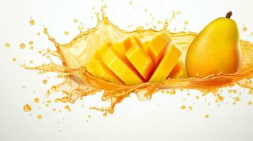 Fresh juicy mango with water splash isolated on background, healthy tropical fruit photo