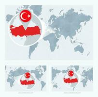 Magnified Turkey over Map of the World, 3 versions of the World Map with flag and map of Turkey. vector