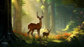 Family of deer peacefully grazes on lush foliage, urrounded by towering trees and a carpet of vibrant wildflowers, serene atmosphere 01 photo