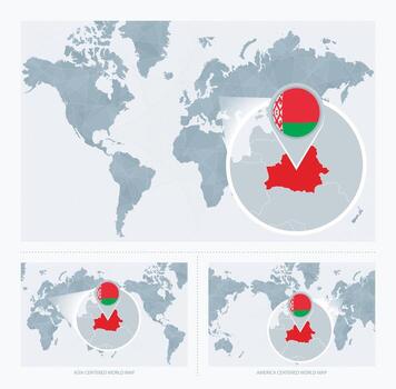 magnificado bielorrusia terminado mapa de el mundo, 3 versiones de el mundo mapa con bandera y mapa de bielorrusia vector