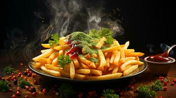 Freshly cooked Crispy French fries, unhealthy fast food photo
