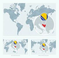 Magnified Bosnia and Herzegovina over Map of the World, 3 versions of the World Map with flag and map of Bosnia and Herzegovina. vector