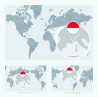 Magnified Monaco over Map of the World, 3 versions of the World Map with flag and map of Monaco. vector