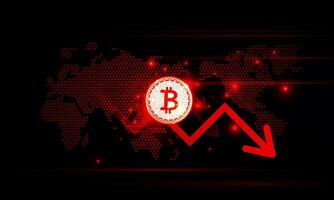 financiero gráfico con Moviente disminución en dinero flecha grafico bitcoin criptomoneda tecnología y mundo mapa en valores mercado en azul color antecedentes concepto innovación fondo, vector diseño