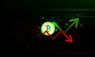 Financial chart with moving up and down arrow graph bitcoin cryptocurrency technology and world map in stock market on green and red color background concept innovation background, vector design