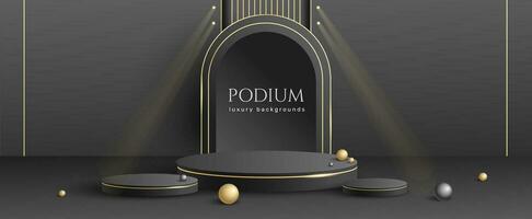 Set of vector 3D background with black podium. Black, gold with luxury round shape stage. Abstract minimal scene  with glitter decorations for mockup products.