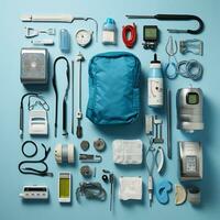 Medical Equipment Line up, flat colors, simple design, emergency, First aid kit, AI Generated photo