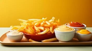 Freshly cooked Crispy French fries, unhealthy fast food photo