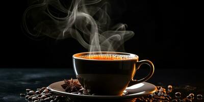 Refreshing Cup of hot Coffee on a table isolated on black background, copy space, cozy warm mood photo