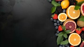 Fresh organic fruits lineup isolated on background, copy space photo