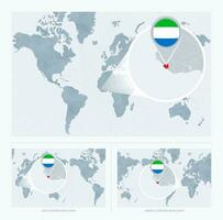 Magnified Sierra Leone over Map of the World, 3 versions of the World Map with flag and map of Sierra Leone. vector