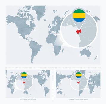 magnificado Gabón terminado mapa de el mundo, 3 versiones de el mundo mapa con bandera y mapa de Gabón. vector