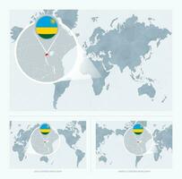 Magnified Rwanda over Map of the World, 3 versions of the World Map with flag and map of Rwanda. vector