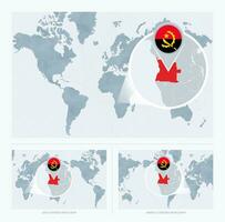 magnificado angola terminado mapa de el mundo, 3 versiones de el mundo mapa con bandera y mapa de angola vector