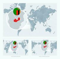 magnificado Zambia terminado mapa de el mundo, 3 versiones de el mundo mapa con bandera y mapa de Zambia. vector