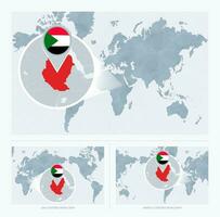 magnificado Sudán terminado mapa de el mundo, 3 versiones de el mundo mapa con bandera y mapa de Sudán. vector