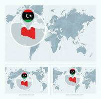 Magnified Libya over Map of the World, 3 versions of the World Map with flag and map of Libya. vector