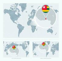 Magnified Togo over Map of the World, 3 versions of the World Map with flag and map of Togo. vector