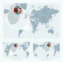 Magnified Swaziland over Map of the World, 3 versions of the World Map with flag and map of Swaziland. vector