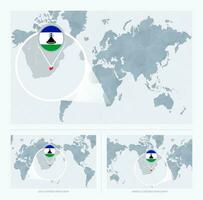 Magnified Lesotho over Map of the World, 3 versions of the World Map with flag and map of Lesotho. vector