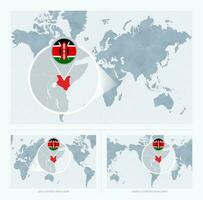 Magnified Kenya over Map of the World, 3 versions of the World Map with flag and map of Kenya. vector