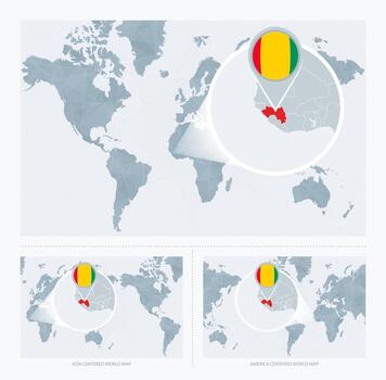 magnificado Guinea terminado mapa de el mundo, 3 versiones de el mundo mapa con bandera y mapa de Guinea. vector