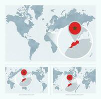 Magnified Morocco over Map of the World, 3 versions of the World Map with flag and map of Morocco. vector