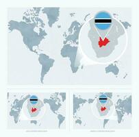 Magnified Botswana over Map of the World, 3 versions of the World Map with flag and map of Botswana. vector