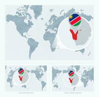 Magnified Namibia over Map of the World, 3 versions of the World Map with flag and map of Namibia. vector