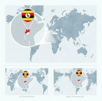 Magnified Uganda over Map of the World, 3 versions of the World Map with flag and map of Uganda. vector