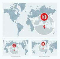 Magnified Tunisia over Map of the World, 3 versions of the World Map with flag and map of Tunisia. vector