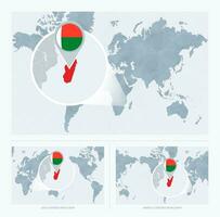 Magnified Madagascar over Map of the World, 3 versions of the World Map with flag and map of Madagascar. vector