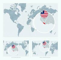 Magnified Liberia over Map of the World, 3 versions of the World Map with flag and map of Liberia. vector