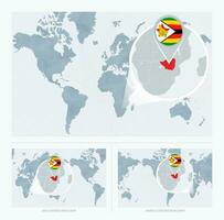 Magnified Zimbabwe over Map of the World, 3 versions of the World Map with flag and map of Zimbabwe. vector