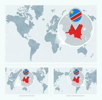 Magnified DR Congo over Map of the World, 3 versions of the World Map with flag and map of DR Congo. vector