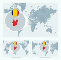 Magnified Chad over Map of the World, 3 versions of the World Map with flag and map of Chad. vector