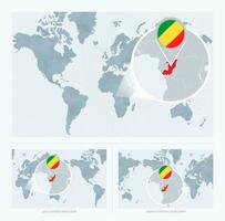 Magnified Congo over Map of the World, 3 versions of the World Map with flag and map of Congo. vector