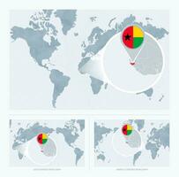 Magnified Guinea-Bissau over Map of the World, 3 versions of the World Map with flag and map of Guinea-Bissau. vector