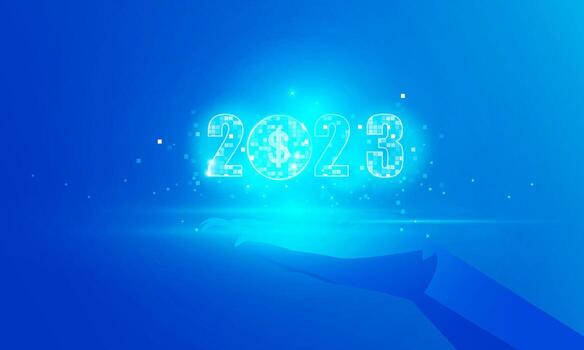 Abstract technology polygon hand holding Happy New Year 2023 of us dollar symbol Hitech communication concept of private key digital world, vector design.