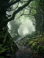 Landscape showing a path through a forest photo