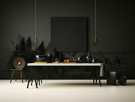 Modern room interior with a blank black canvas photo