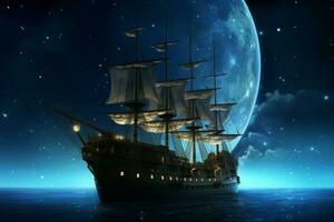 Whiteboards pirate ship moon sky. Generate Ai photo