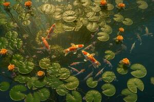 Pond goldfish lotus nature. Generate Ai photo