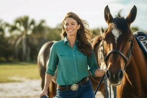 Brunette smiling holding horse. Generate Ai photo