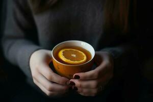 Woman hand cup of orange tea. Generate Ai photo