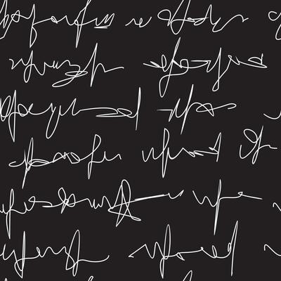 Hand drawn adbstract lines like a words. Black background. White lines. Seamless pattern