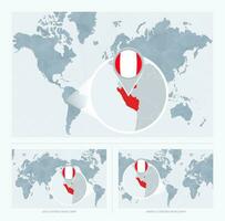 Magnified Peru over Map of the World, 3 versions of the World Map with flag and map of Peru. vector