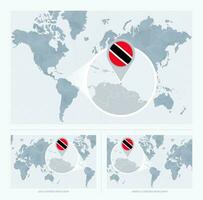 magnificado trinidad y tobago terminado mapa de el mundo, 3 versiones de el mundo mapa con bandera y mapa de trinidad y tobago vector