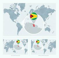 Magnified Guyana over Map of the World, 3 versions of the World Map with flag and map of Guyana. vector