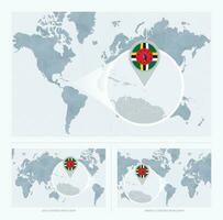 magnificado dominica terminado mapa de el mundo, 3 versiones de el mundo mapa con bandera y mapa de dominicana vector